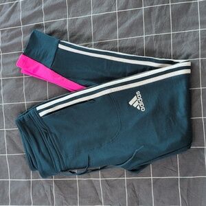 Adidas Dark Green Teal and Pink AEROREADY Pants Joggers Zip Pockets 3 Stripes